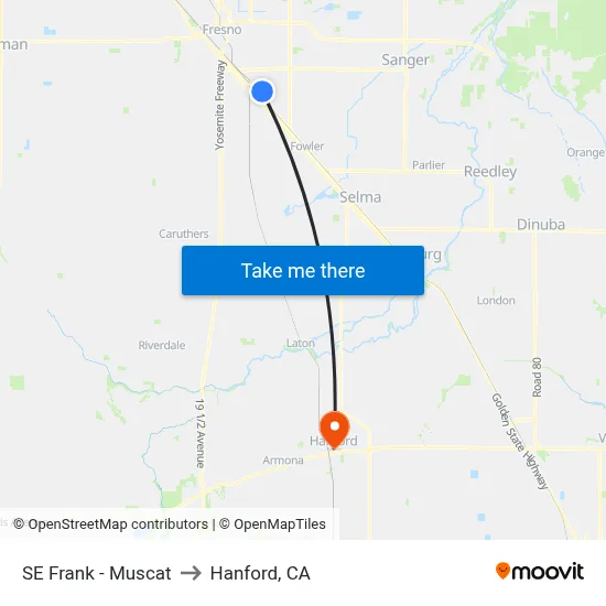 SE Frank - Muscat to Hanford, CA map