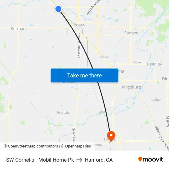 SW Cornelia - Mobil Home Pk to Hanford, CA map