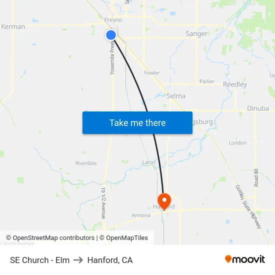 SE Church - Elm to Hanford, CA map