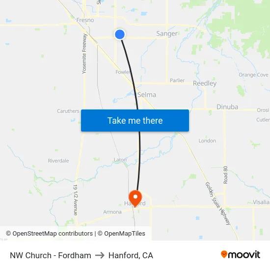 NW Church - Fordham to Hanford, CA map