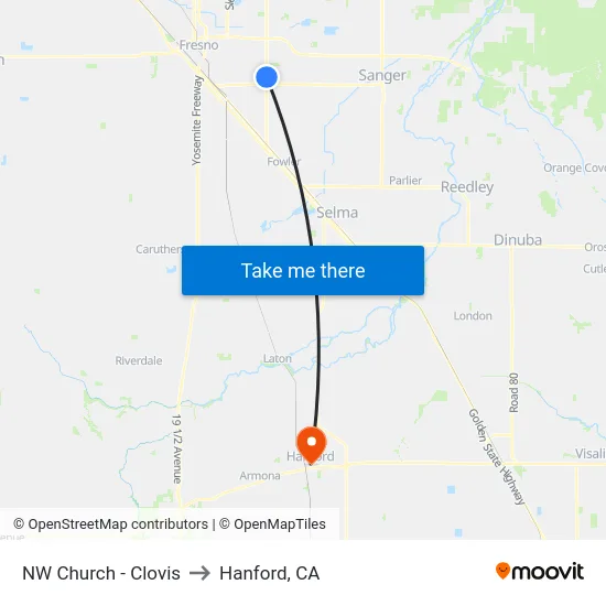 NW Church - Clovis to Hanford, CA map
