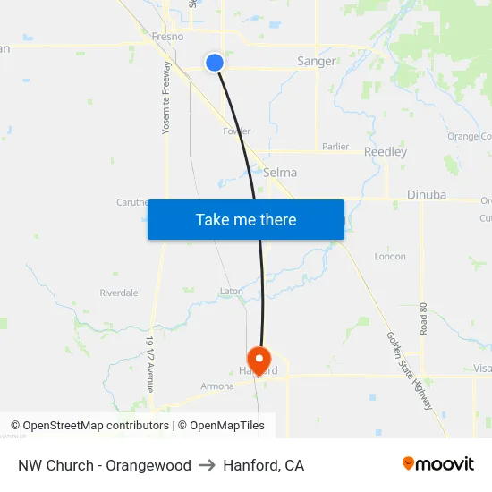 NW Church - Orangewood to Hanford, CA map