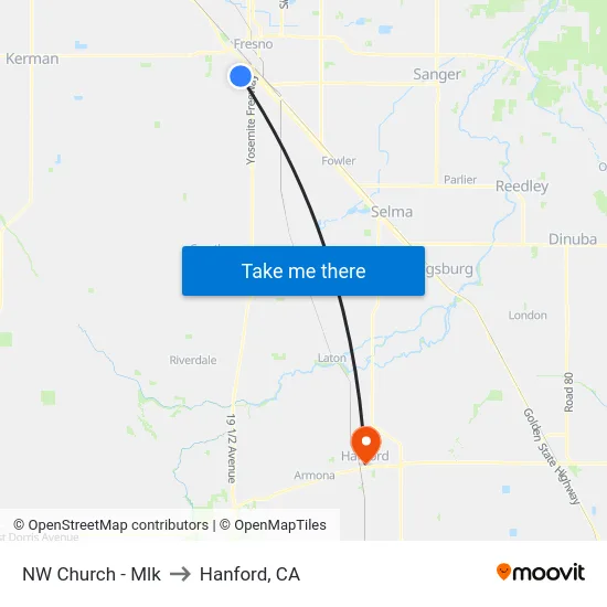 NW Church - Mlk to Hanford, CA map
