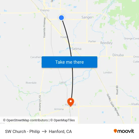 SW Church - Philip to Hanford, CA map