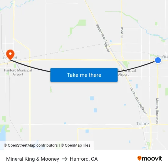 Mineral King & Mooney to Hanford, CA map