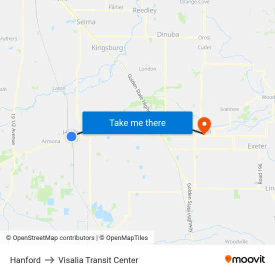 Hanford to Visalia Transit Center map