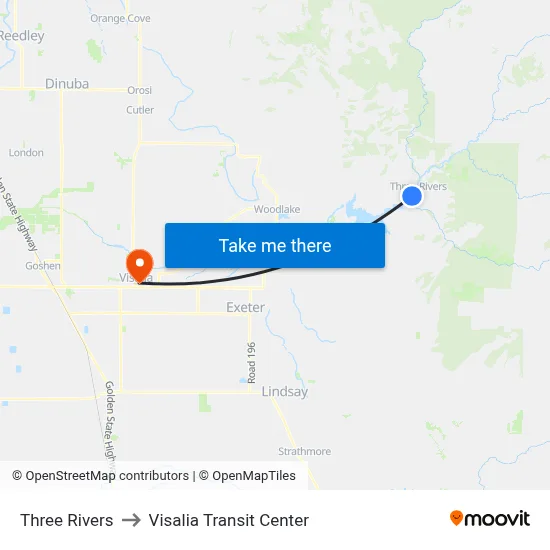 Three Rivers to Visalia Transit Center map