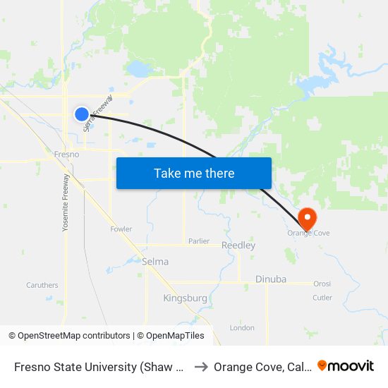 Fresno State University (Shaw And Cedar) to Orange Cove, California map