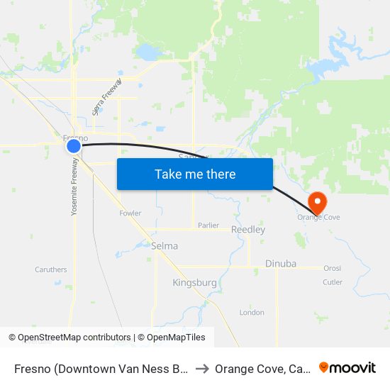 Fresno (Downtown Van Ness Bus Shelter) to Orange Cove, California map