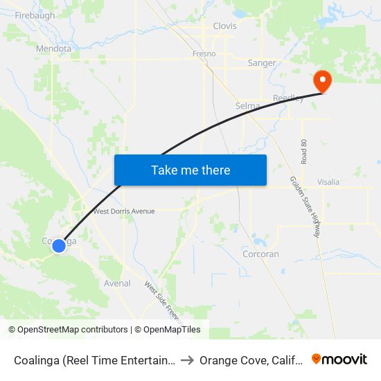 Coalinga (Reel Time Entertainment) to Orange Cove, California map