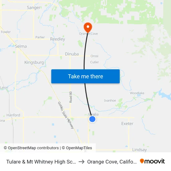 Tulare & Mt Whitney High School to Orange Cove, California map