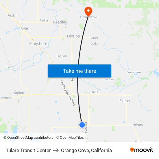 Tulare Transit Center to Orange Cove, California map