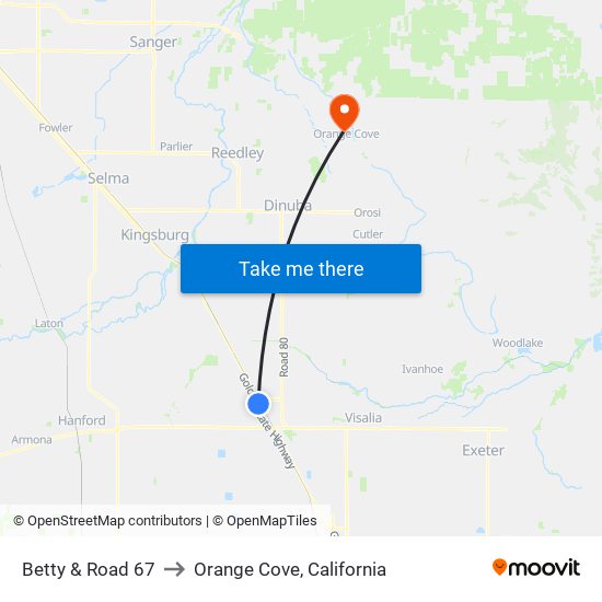 Betty & Road 67 to Orange Cove, California map