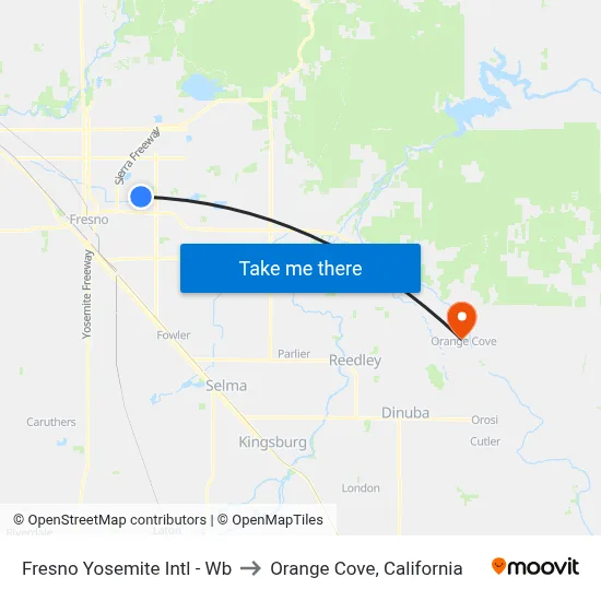 Fresno Yosemite Intl - Wb to Orange Cove, California map