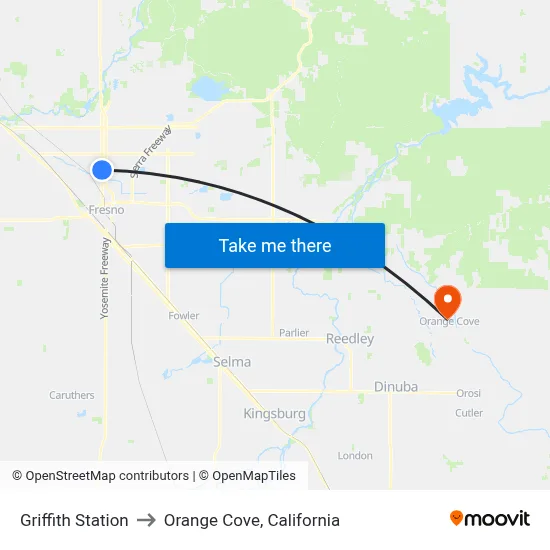 Griffith Station to Orange Cove, California map