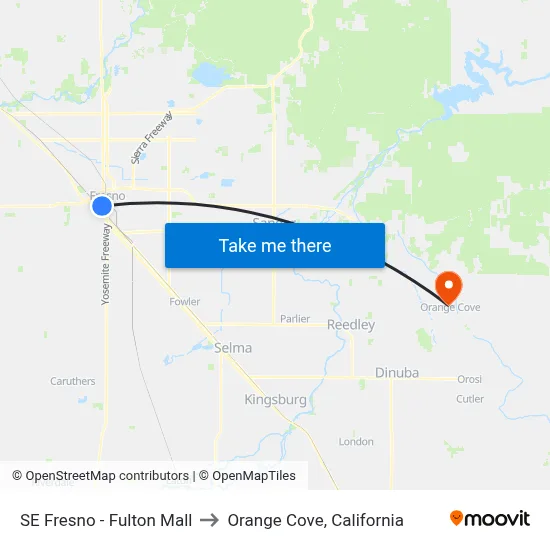SE Fresno - Fulton Mall to Orange Cove, California map