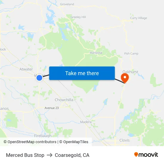 Merced Bus Stop to Coarsegold, CA map