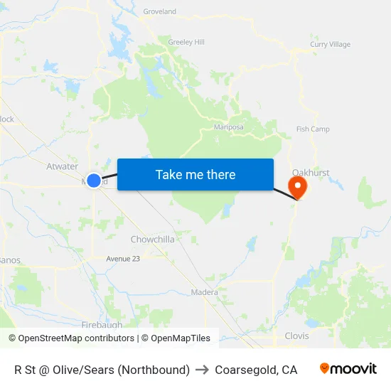 R St @ Olive/Sears (Northbound) to Coarsegold, CA map