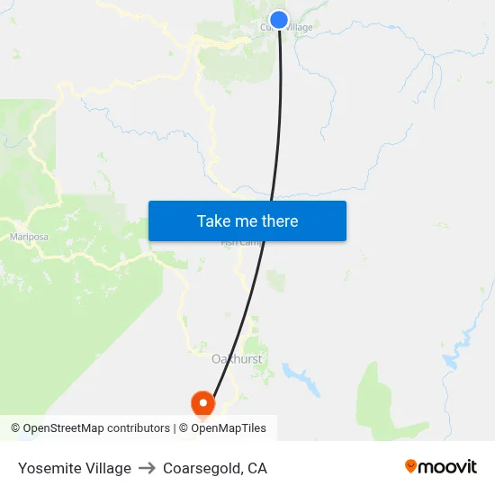 Yosemite Village to Coarsegold, CA map