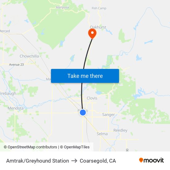 Amtrak/Greyhound Station to Coarsegold, CA map