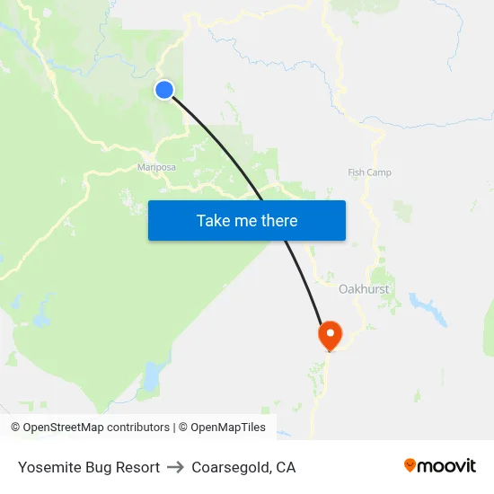 Yosemite Bug Resort to Coarsegold, CA map