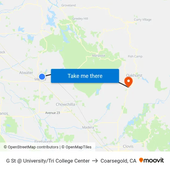 G St @ University/Tri College Center to Coarsegold, CA map