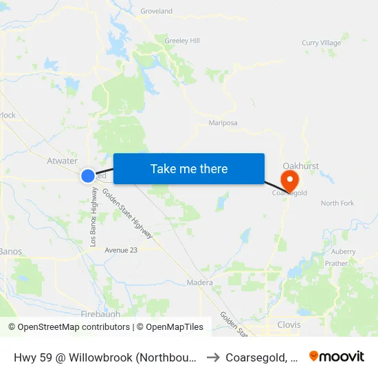 Hwy 59 @ Willowbrook (Northbound) to Coarsegold, CA map