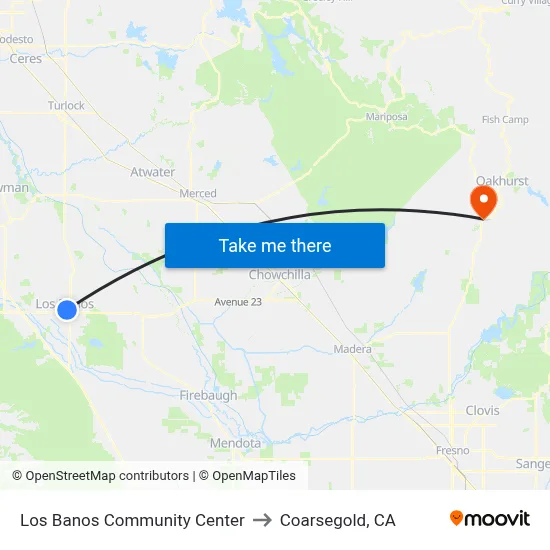 Los Banos Community Center to Coarsegold, CA map