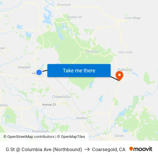 G St @ Columbia Ave (Northbound) to Coarsegold, CA map