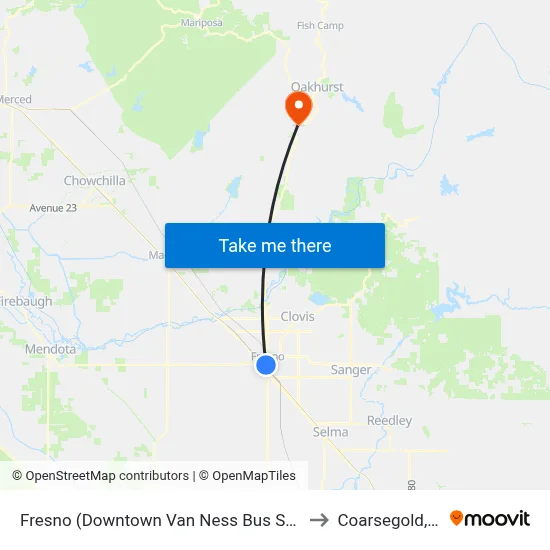 Fresno (Downtown Van Ness Bus Shelter) to Coarsegold, CA map