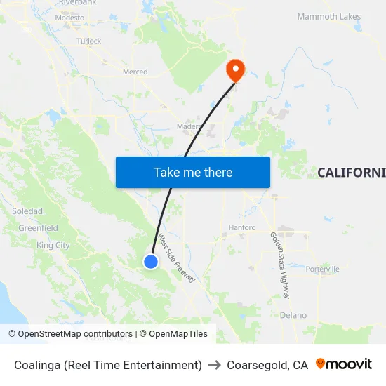 Coalinga (Reel Time Entertainment) to Coarsegold, CA map