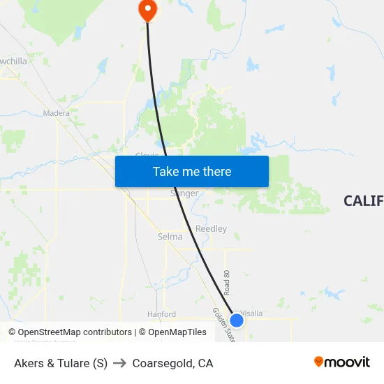 Akers & Tulare (S) to Coarsegold, CA map
