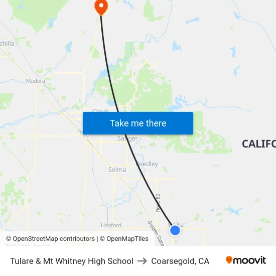 Tulare & Mt Whitney High School to Coarsegold, CA map