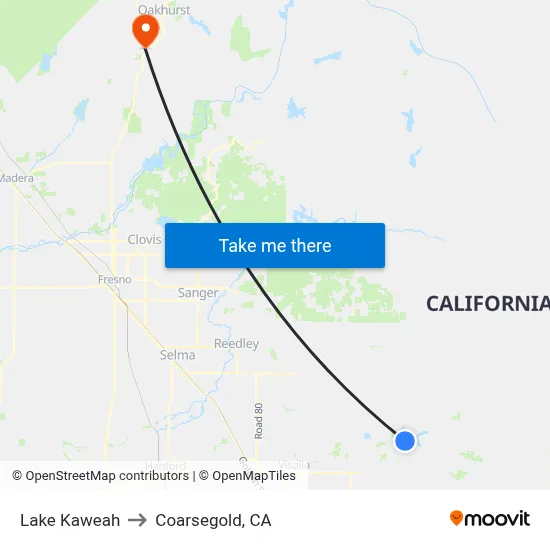 Lake Kaweah to Coarsegold, CA map