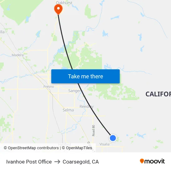 Ivanhoe Post Office to Coarsegold, CA map