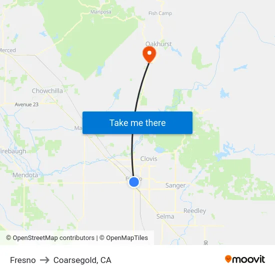 Fresno to Coarsegold, CA map