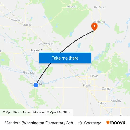 Mendota (Washington Elementary School Bus Shelter) to Coarsegold, CA map