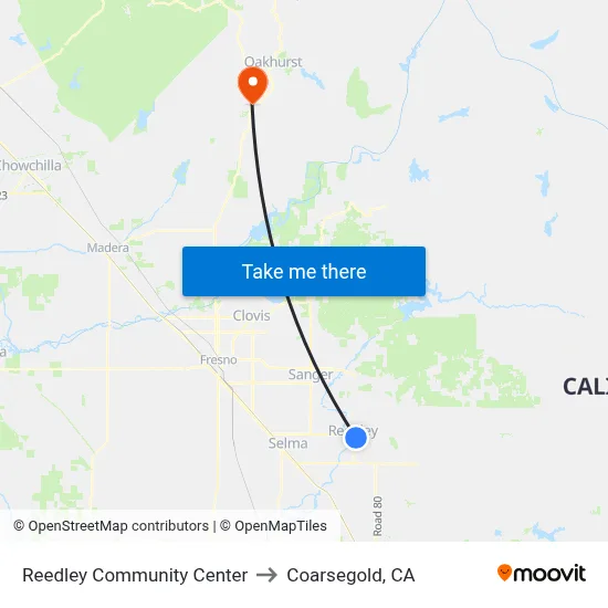 Reedley Community Center to Coarsegold, CA map