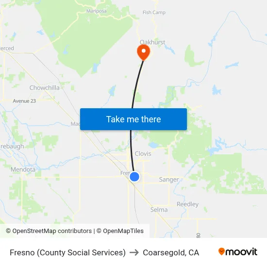 Fresno (County Social Services) to Coarsegold, CA map