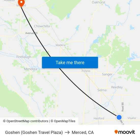 Goshen (Goshen Travel Plaza) to Merced, CA map