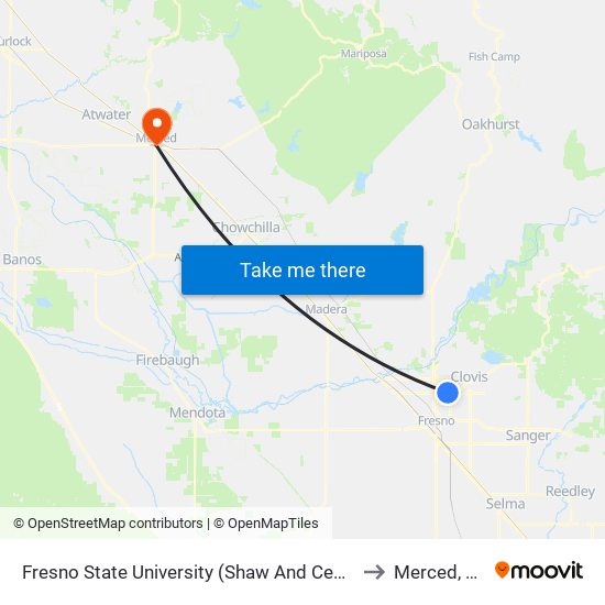 Fresno State University (Shaw And Cedar) to Merced, CA map