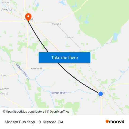 Madera Bus Stop to Merced, CA map