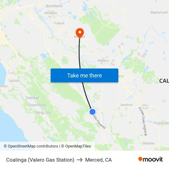 Coalinga (Valero Gas Station) to Merced, CA map