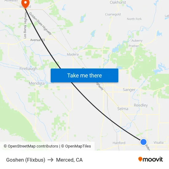 Goshen (Flixbus) to Merced, CA map