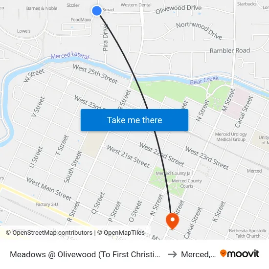Meadows @ Olivewood (To First Christian Church) to Merced, CA map
