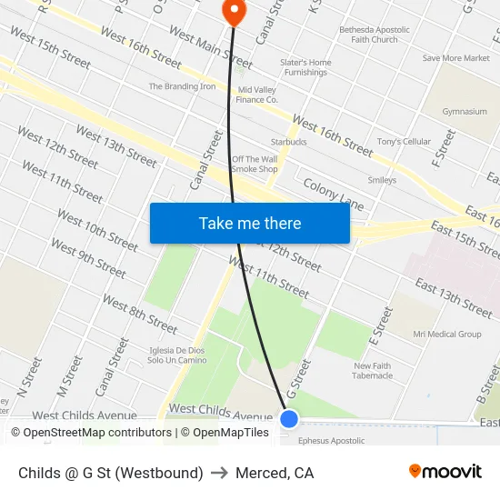 Childs @ G St (Westbound) to Merced, CA map