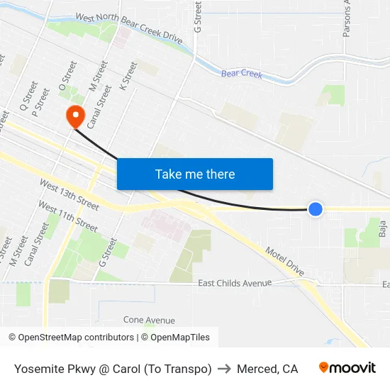 Yosemite Pkwy @ Carol (To Transpo) to Merced, CA map
