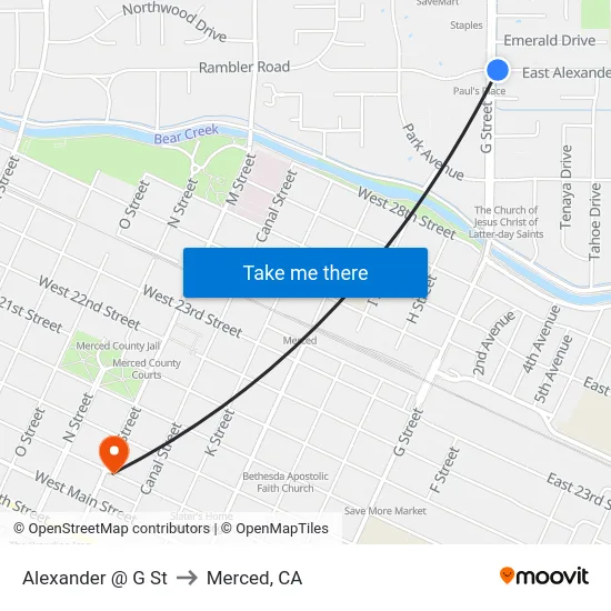 Alexander @ G St to Merced, CA map