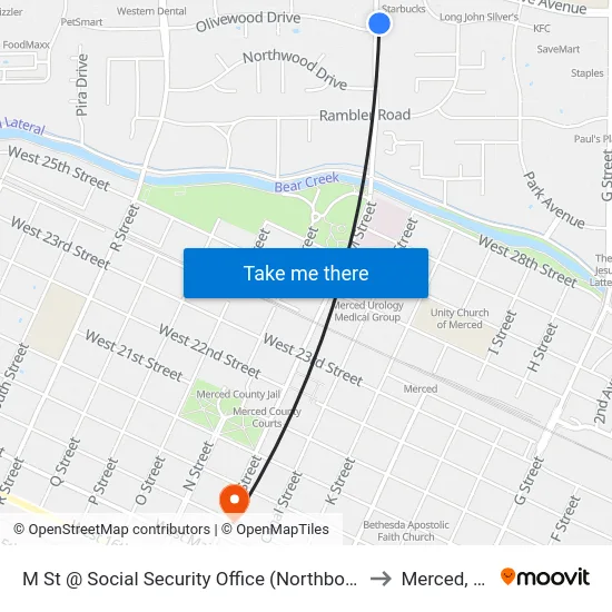 M St @ Social Security Office (Northbound) to Merced, CA map
