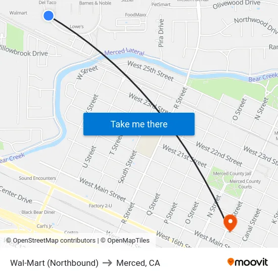 Wal-Mart (Northbound) to Merced, CA map